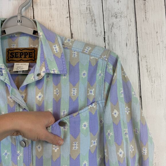 VTG Seppe Blue/Purple Aztec Western Southwest Metal Button Down Shirt Size Small - Picture 9 of 14